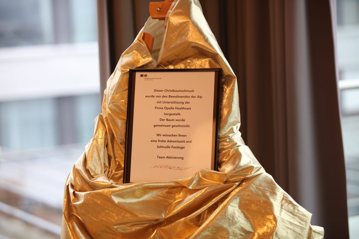 Der fertige Weihnachtsbaum fand seinen Weg ins Atrium des Alp Betagtenzentrums, wo sich Besucherinnen und Besucher in der Vorweihnachtszeit daran erfreuen konnten.